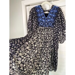 Sundance Lana Blue/Blac Prairie Dress Floral  Embroidered Peasant Boho Western M